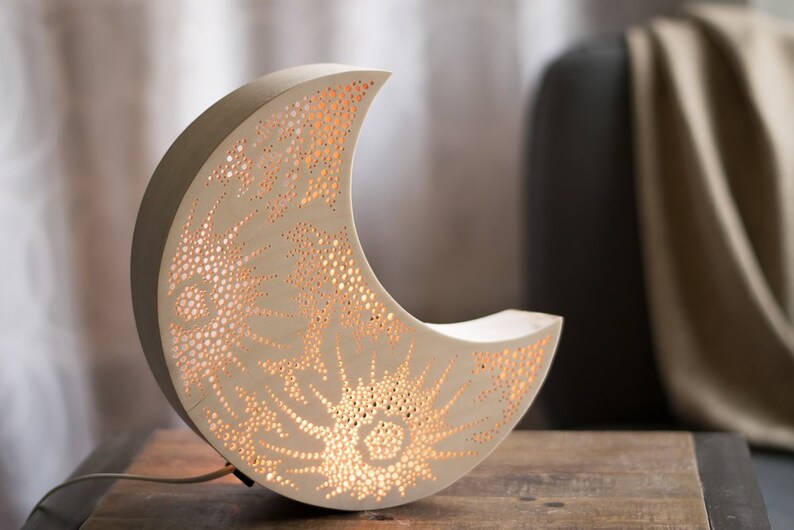 Crescent Moon Night Light Wooden Accent Lamp Luna Lantern Image 0
