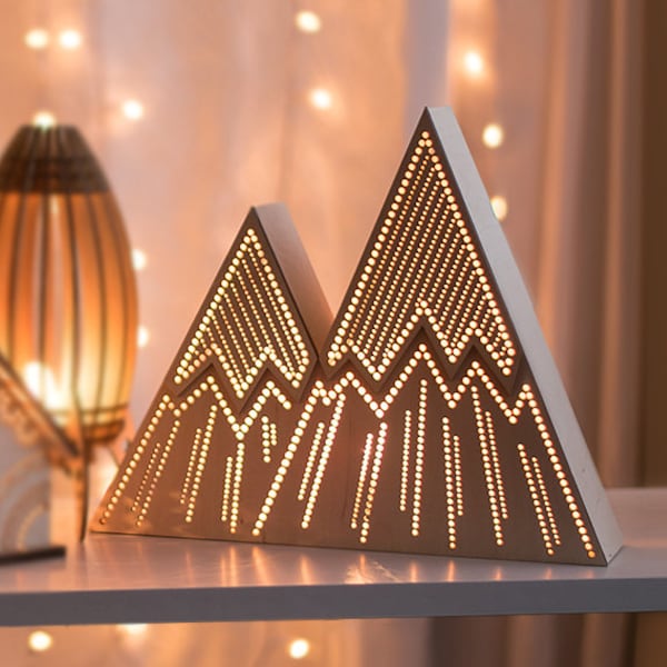Mountain Night Light - Stripes | Wooden Bedside Lamp