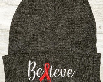 Believe Cancer Ribbon Embroidered Beanie