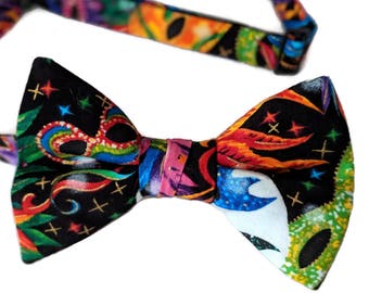 Mardi Gras Pre-tied Bow Tie - Multi Colored Masquerade Mask Celebration - Men's and Boys Sizing - Crafted in the USA