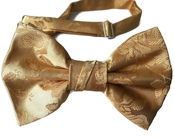 Handmade Pre-Tied Bow Tie - Gold Rose Satin Jacquard - Adult Men's Sizing - Crafted in the USA