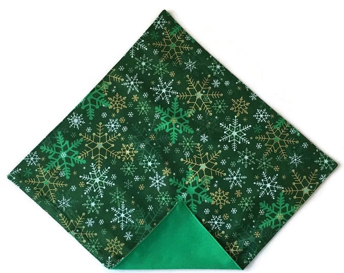 Holiday Pocket Square -  Green and White Snowflakes with Gold Metallic Handkerchief - Adult Men's and Boys Sizing - Handcrafted in the USA