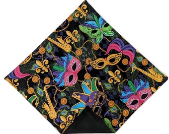 Mardi Gras Pocket Square - Multi  Colored Masquerade Mask and Fleur Des Lis Cotton Handkerchief - Men's and Boys Sizing