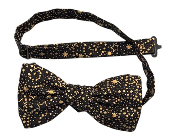Handmade Pretied Bow Tie - Black & Gold Stars - Adult Men's Sizing - Crafted in the USA