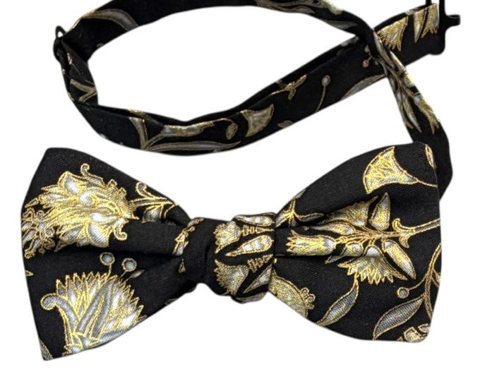 Handmade Pretied Bow Tie - Black Gold Oriental Floral - Adult Men's Sizing - Crafted in the USA