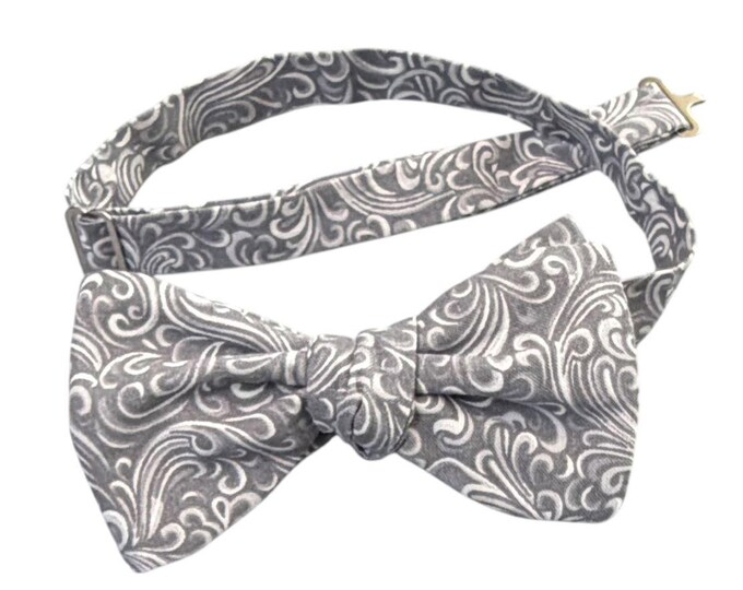 Handmade Pre-Tied Bow Tie - Silver Grey Paisley - Cotton - Adult Men's Sizing - Crafted in the USA