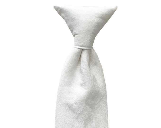 Boy’s Clip-on Dress/Neck Tie - White on White Paisley Pattern Premium Cotton for Communion - Toddler & Boys Sizing - Handcrafted in the USA