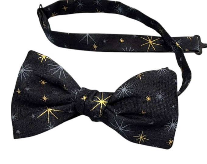Pretied Adjustable Bow Tie - Black Gold Stars - Cotton - Adult Men's Sizing - Handcrafted in the USA