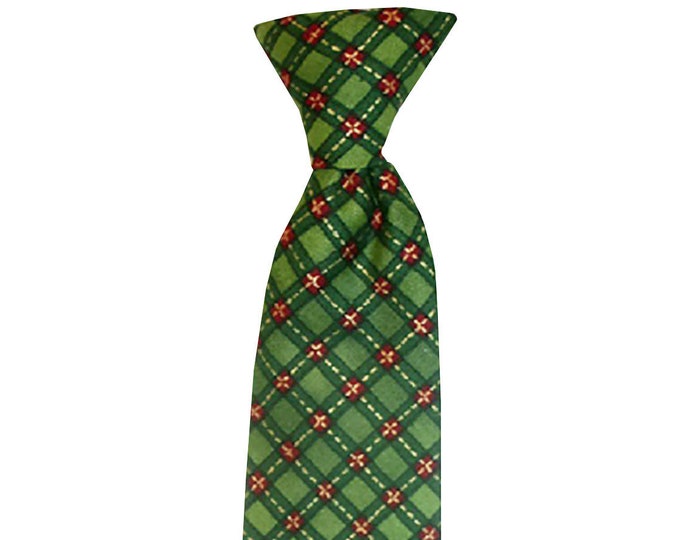 Handmade Clip-on Dress Neck Tie - Green and Red Vintage Holiday Plaid Design - Toddler and Boys Sizing - Crafted in the USA