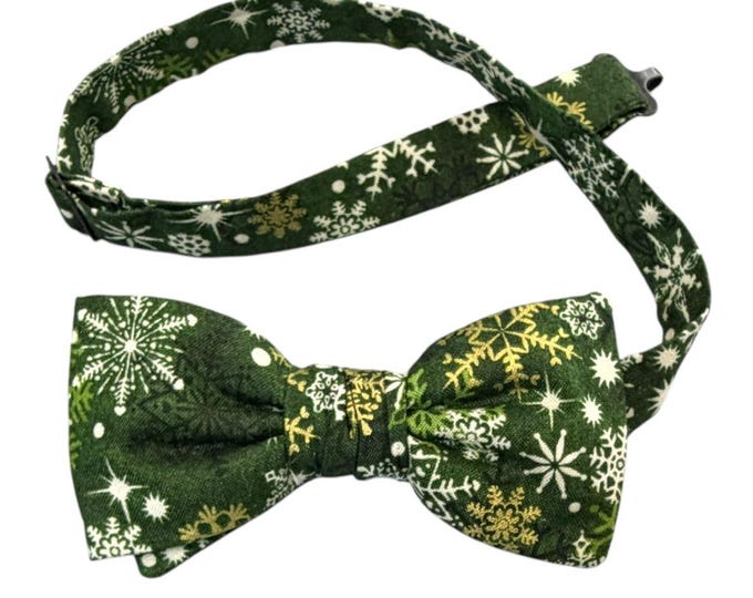 Handmade Pretied Bow Tie -  Green Gold Snowflakes - Cotton - Adult Mens Sizing - Crafted in the USA