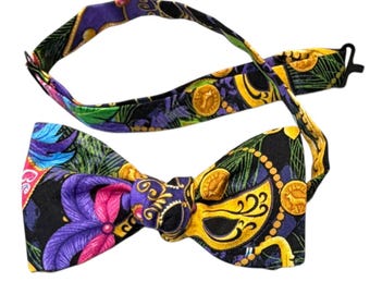 Mardi Gras Bow Tie – Masquerade Mask & Fleur Des Lis, Men's Pre-tied Cotton