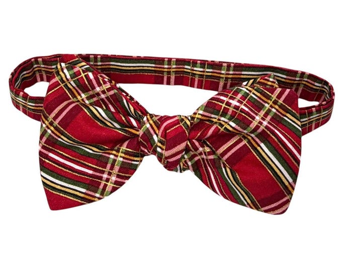 Red Green Plaid Bow Tie – Men's Holiday Cotton Accessory – Self-Tie or Pretied