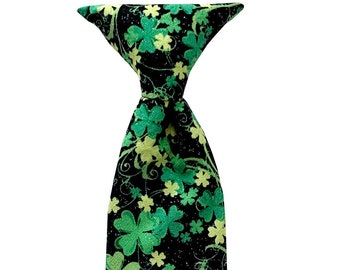 Handmade Neck Tie - St. Patrick's Day Green Shamrocks with Iridescent Sparkle - Toddler and Boys Sizing - 208.860.0879 - Crafted in the USA