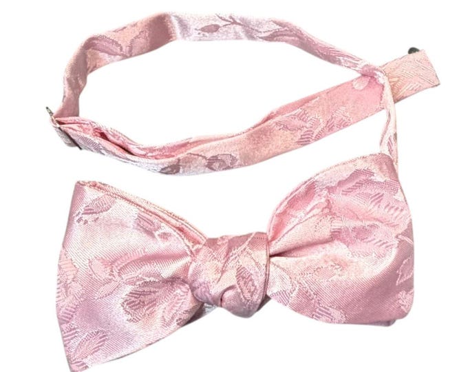 Pretied Adjustable Bow Tie - Pink Rose Satin Brocade - Adult Mens Sizing - Handcrafted in the USA