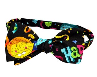Happy Birthday Balloon Confetti Bow Tie – Self-tie or Pretied Cotton Accessory