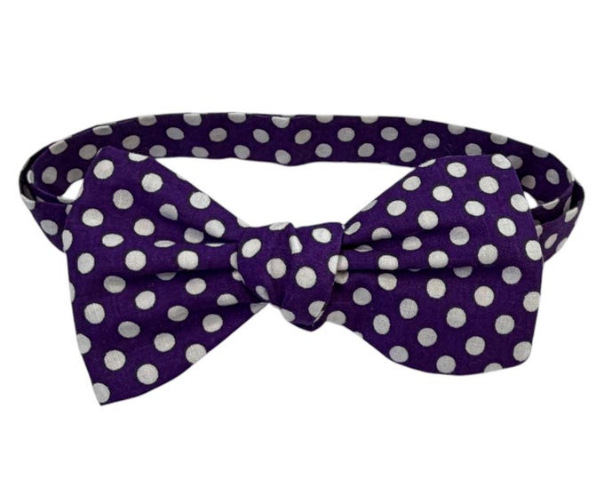 Purple Polka Dot Cotton Bow Tie – Self-Tie or Pretied Butterfly Handcrafted USA