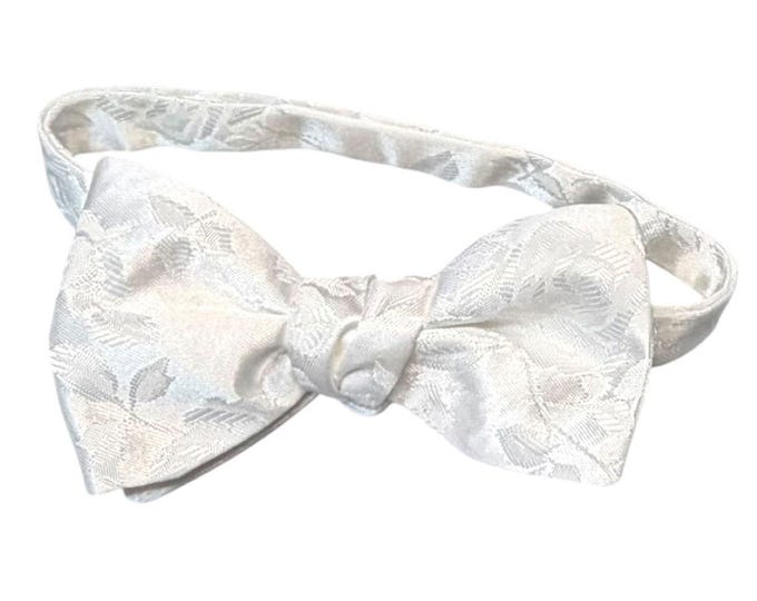 White Floral Rose Jacquard Bow Tie – Satin Self-Tie or Pretied Wedding Accessory