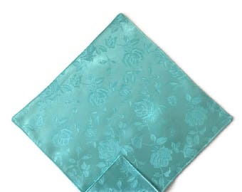 Handkerchief Pocket Square - Aqua Mint Rose Satin Jacquard - Adult Men's to Baby Sizing - Handcrafted in the USA