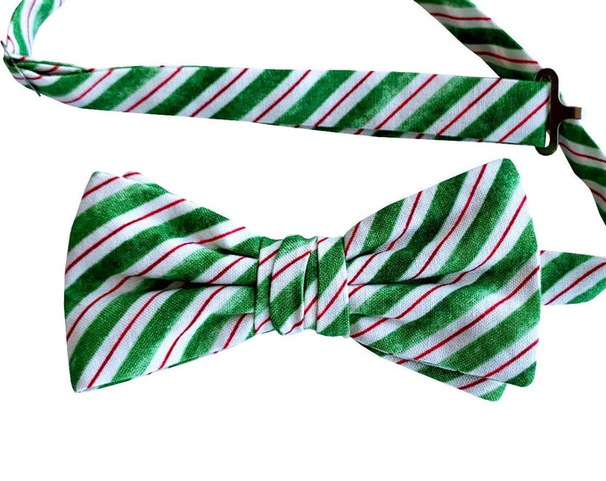 Handmade Pre-tied Bow Tie - Green and Red  Holiday Candy Cane Stripe Design - Adult Men's and Kids Sizing - Crafted in the USA