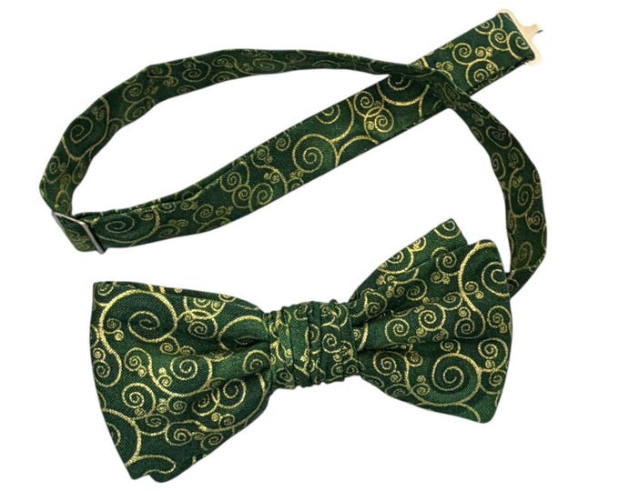 Handmade Pre-tied Bow Tie - Green Gold Paisley Swirls - Adult Men's Sizing - Crafted in the USA