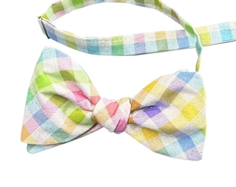 Men's Pastel Plaid Bow Tie – Spring Easter Iridescent Cotton, USA Made