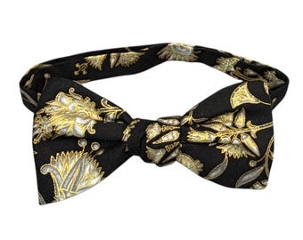 Gold Metallic Floral Bow Tie: Black Cotton, Self-Tie or Pretied - Holiday Design
