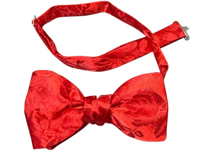 Handmade Pretied Bow Tie - Red Rose Satin Jacquard - Adult Men's Sizing - Crafted in the USA