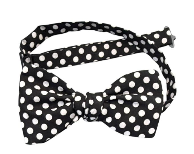 Handcrafted Pretied Bow Tie - Black Polka Dot - Adult Men's Sizing - Crafted in the USA