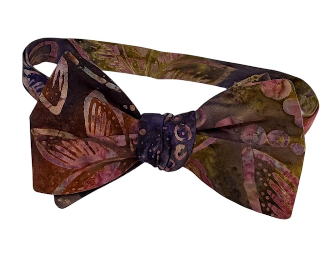 Plum Jewel Floral Cotton Batik Bow Tie – Self-tie or Pretied, Handcrafted USA