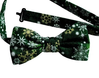 Handmade Pretied Bow Tie -  Green Gold Snowflakes - Cotton - Adult Mens Sizing - Crafted in the USA