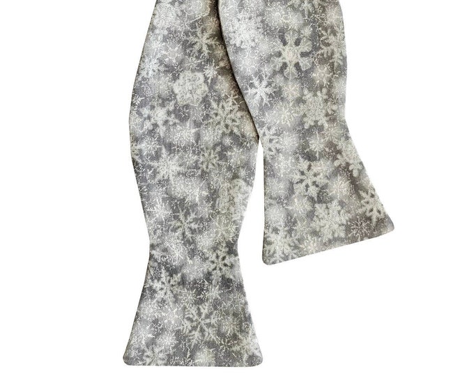 Handmade Self-tie Bow Tie - Christmas Silver Grey Snowflake with Silver Sparkle Design - Adult Mens and Boys Sizing - Crafted in the USA
