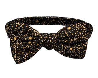 Black Gold Metallic Stars Bow Tie – Self-Tie or Pretied Butterfly Shape, Men's Sizing