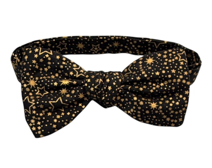 Black Gold Metallic Stars Bow Tie – Self-Tie or Pretied Butterfly Shape, Men's Sizing