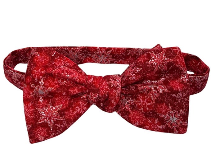 Handmade Christmas Bow Tie - Self-tie or Pretied, Red Snowflake Cotton, USA Crafted