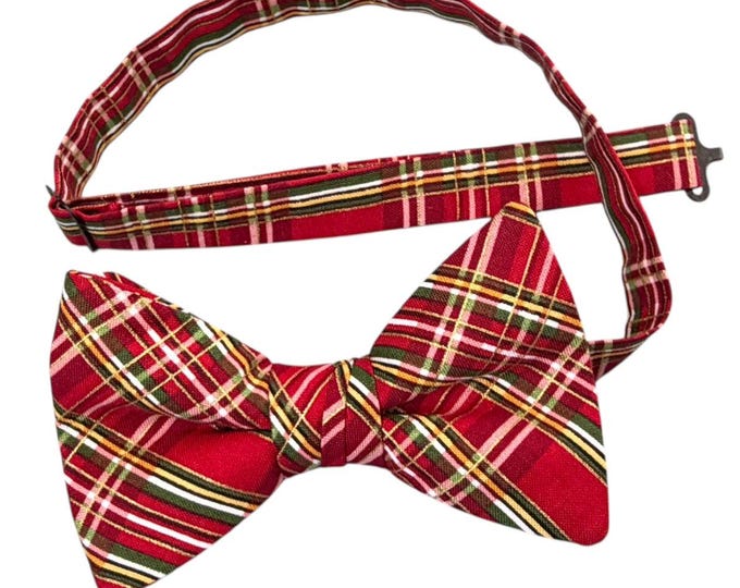Handmade Red Plaid Bow Tie – Gold Metallic Celebration, Adult Men's