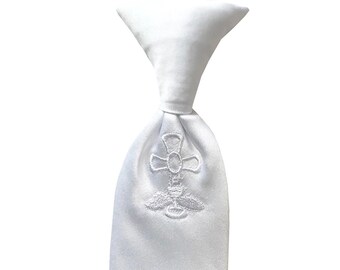 Boy’s Clip-on Dress/Neck Tie - White Embroidered Communion Cross - Toddler and Boys Sizing - Handcrafted in the USA