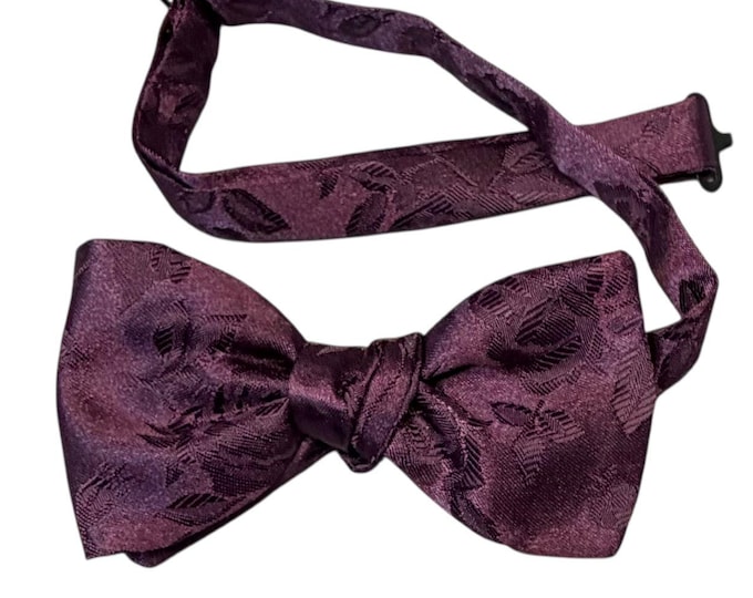 Handmade Pretied Bow Tie - Berry Rose Satin Jacquard - Adult Men's Sizing - Crafted in the USA