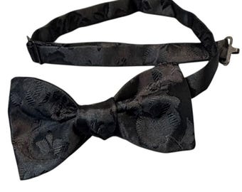 Handmade Pretied Bow Tie - Black Rose Satin Jacquard - Adult Men's Sizing - Crafted in the USA