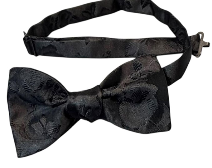Handmade Pretied Bow Tie - Black Rose Satin Jacquard - Adult Men's Sizing - Crafted in the USA