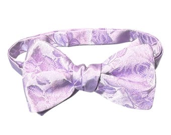 Lavender Floral Rose Jacquard Bow Tie – Satin Self-Tie or Pretied Wedding Accessory