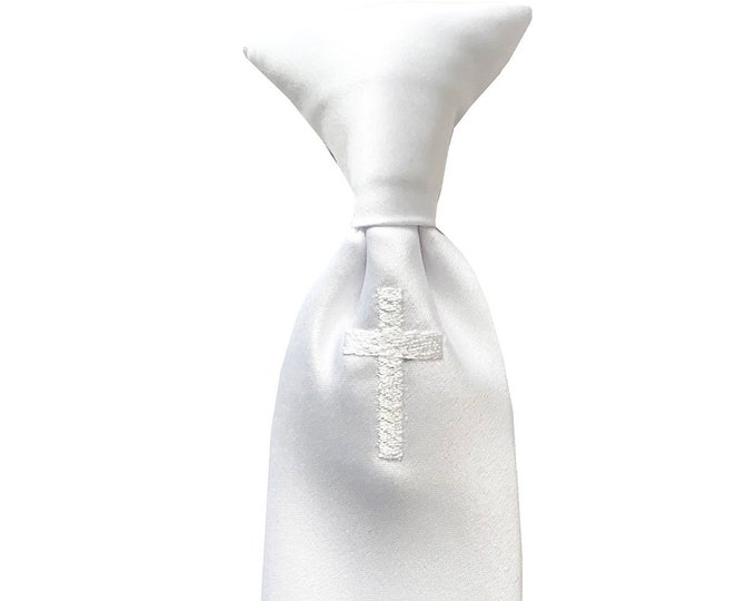 Clip-on Necktie - White Silver and Gold Embroidered Religious Cross Dress Tie for Communion - Boys and Youth Sizing - Handcrafted in the USA