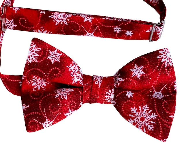 Handmade Pre-tied Bow Tie - Red and White Snowflake with Iridescent Sparkle Premium Cotton - Adult Mens and Boys Sizing - Crafted in the USA