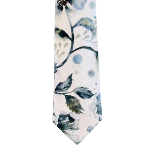 Handmade Self-tie Necktie - Vintage Dusty Blue Watercolor Floral Medley - Adult Men&#39;s Sizing - Crafted in the USA