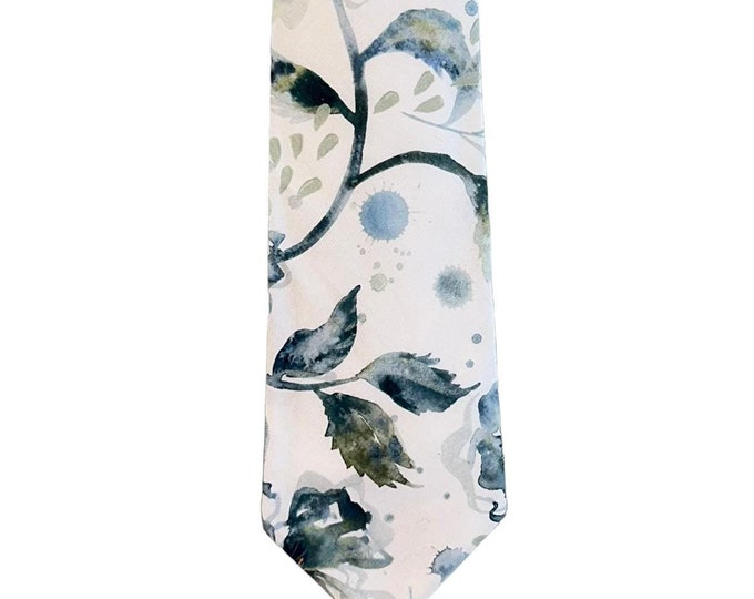 Handmade Self-tie Necktie - Vintage Dusty Blue Watercolor Floral Medley - Adult Men's Sizing - Crafted in the USA