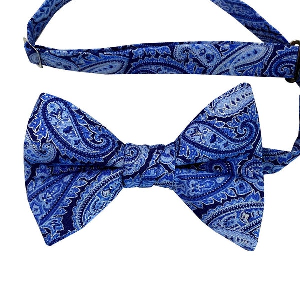 Handmade Pre-Tied Bow Tie - Blue Paisley Design with Silver Metallic Accents - Baby to Adult Men's Sizing - Crafted in the USA