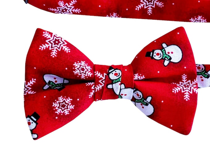 Handmade Pre-tied Bow Tie - Red with White Snowmen and Snowflakes Holiday Celebration - Adult Mens to Baby Sizing - Crafted in the USA