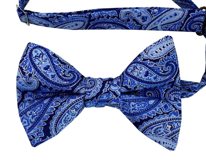 Handmade Pre-Tied Bow Tie - Blue Paisley Design with Silver Metallic Accents - Baby to Adult Men's Sizing - Crafted in the USA