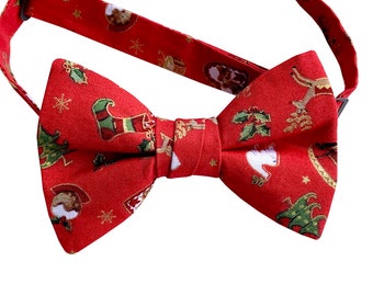 Handmade Pretied Bow Tie - Red Christmas Miniatures - Cotton - Adult Mens Sizing - Crafted in the USA