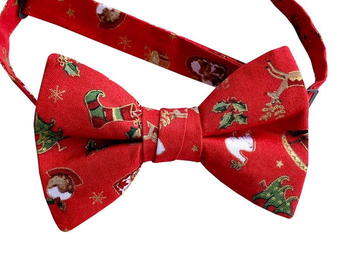 Pre-Tied Bow Tie -  Handmade Red Vintage Christmas Miniatures Celebration - Adult Mens to Baby Sizing - Crafted in the USA