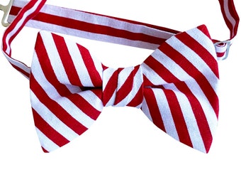 Handmade Pre-tied Bow Tie - Red and White Candy Cane Stripe Holiday Celebration - Adult Mens to Baby Sizing - Crafted in the USA